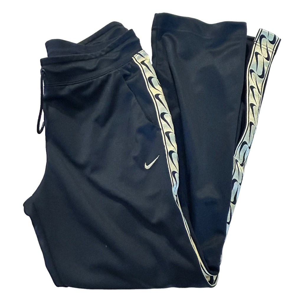 Nike Black Track Pants with White Swoosh and Side Stripe